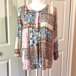 Daniel Rainn women’s L long roll sleeve block print floral pullover blouse top